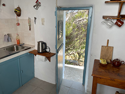 the kitchen of Carolina's Amorgos house in Langatha